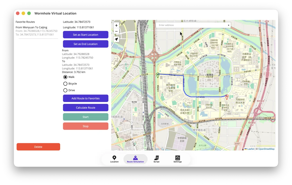 Route simulation with start, destination, and pace controls